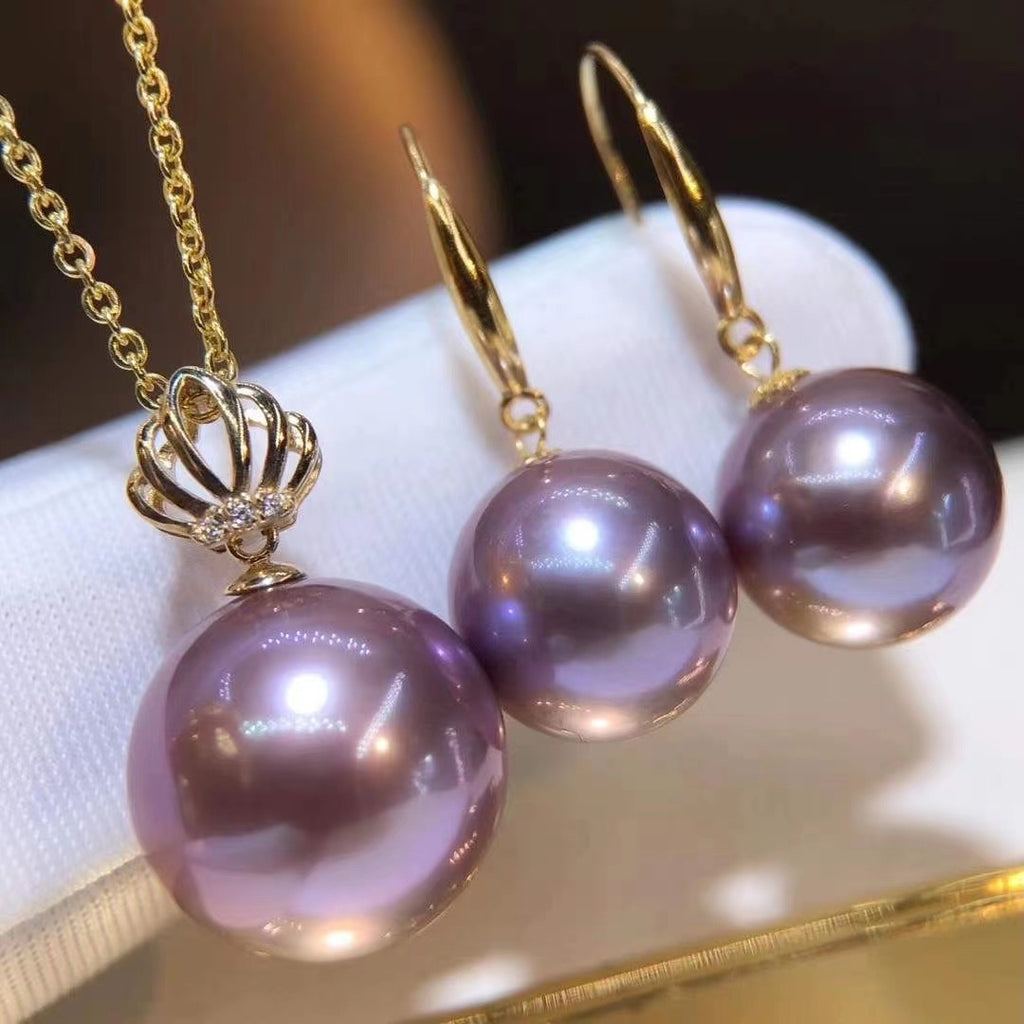 18k natural Purple pearl pendant necklace 12mm 10-11mm