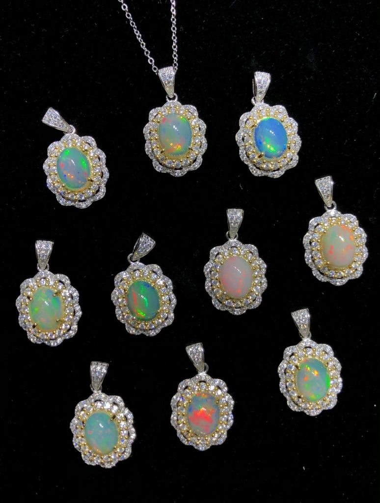 Sterling silver natural opals pendant necklace 7*9mm