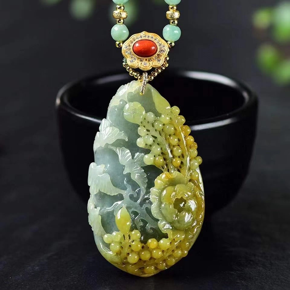 Natural three color jade good luck carved pendant necklace 57*34*12.5mm