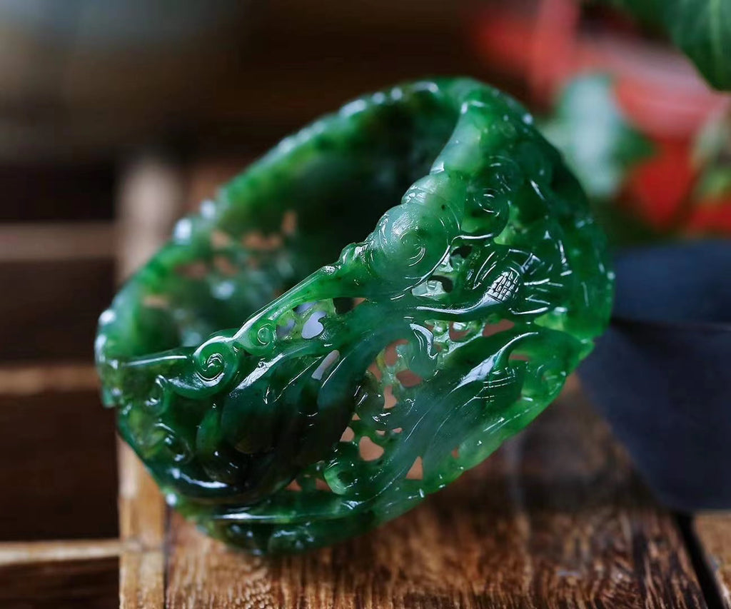 Hand carved natural green jade bangle 37.7*8.6mm 120g size 62.2