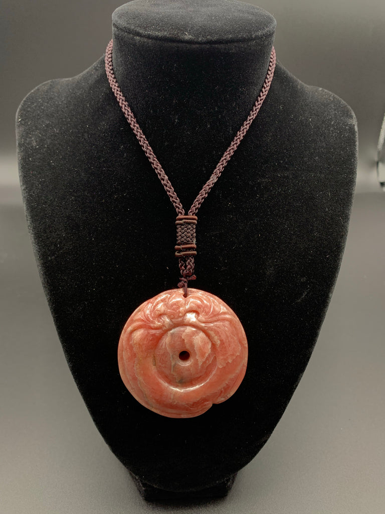 Rhodochrosite good luck carved pendant necklace
