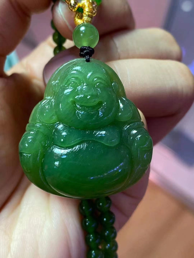 From Russia natural green jade happy Buddha pendant necklace 33*31*8mm