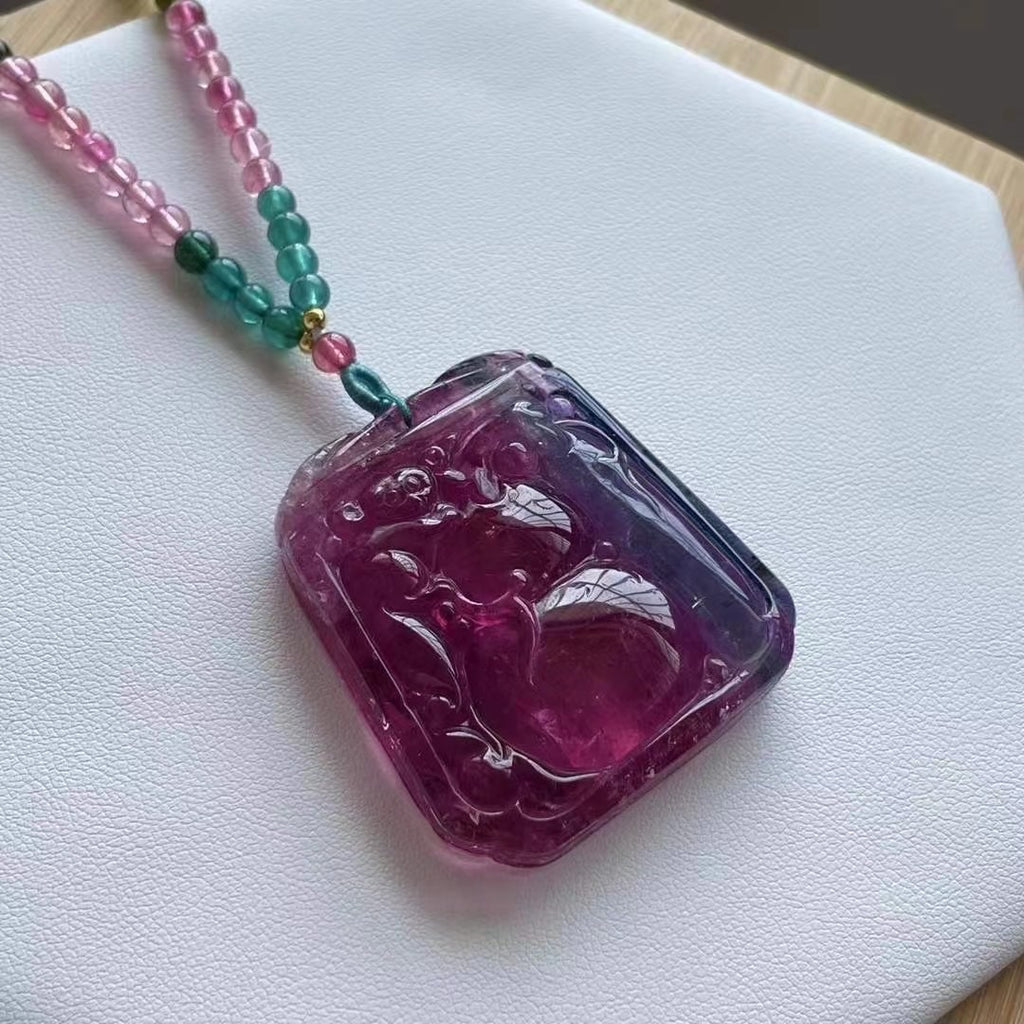 Natural tourmaline good luck carved pendant necklace 43*40*10.2mm beads 4.2mm 52g