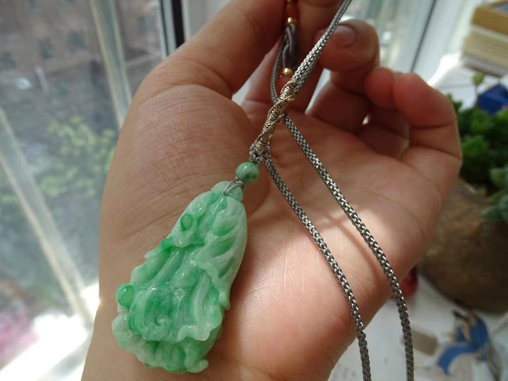 Natural green jade good luck pendant necklace 38*23*8mm