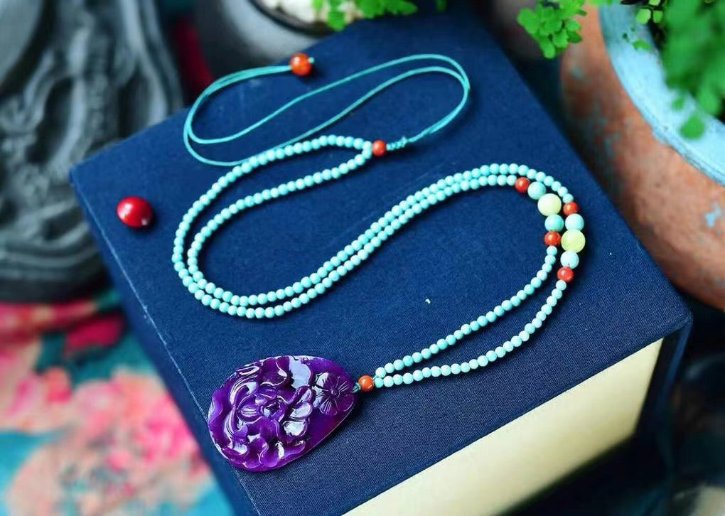 Natural turquoise beads Sugilite stone carved pendant necklace 38*27*7mm