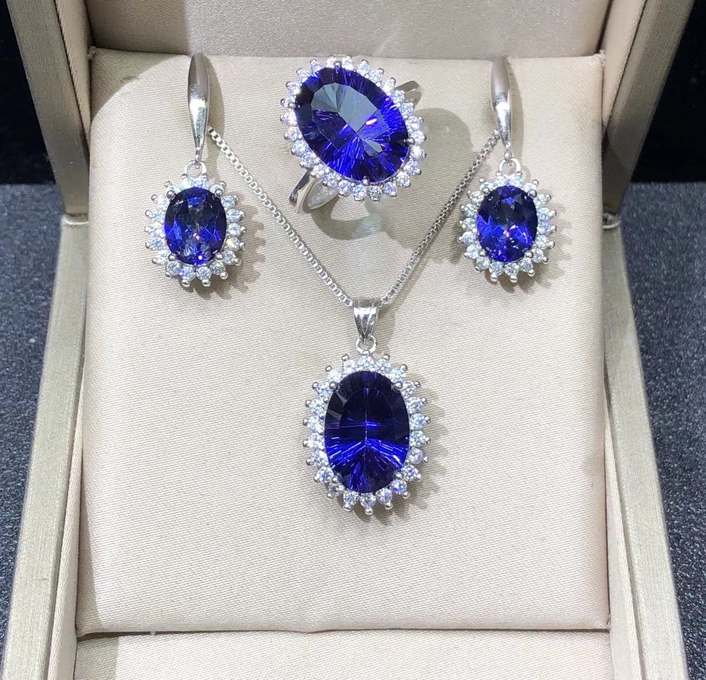 Sterling silver Natural Tanzanite Blue Topaz earrings rings pendant necklace 10*14mm 6*8mm
